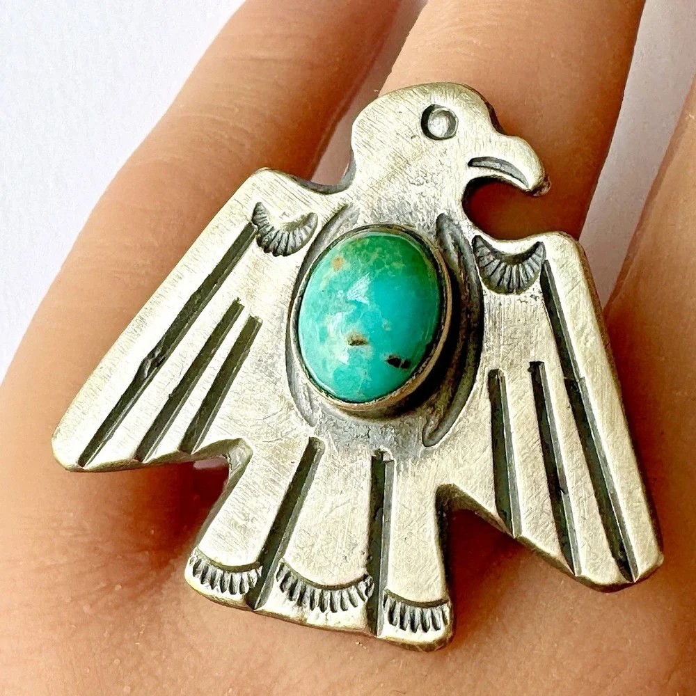 Navajo Thunderbird Turquoise Ring Sz 8 Chimney Butte Signed Sterling Native Amer